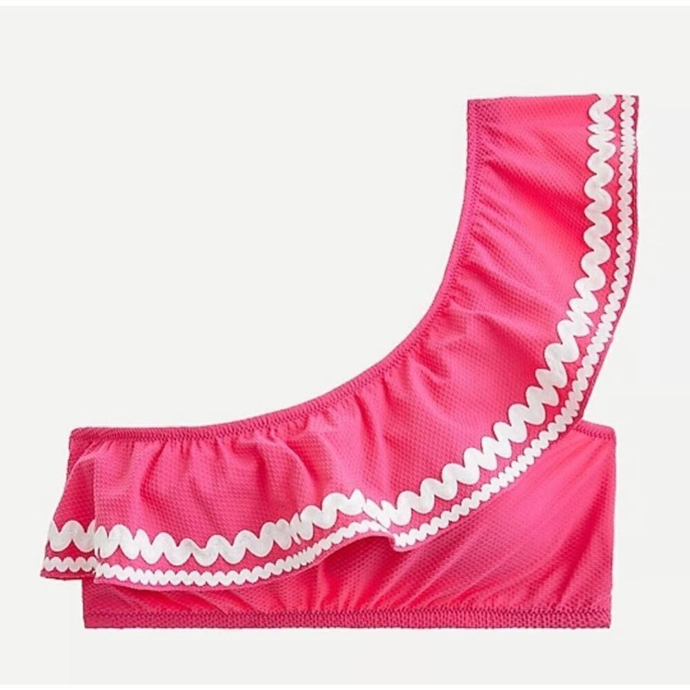 NWT J Crew Pink White Ric Rac Ruffle One Shoulder Bikini Top Sz Small - Picture 2 of 9